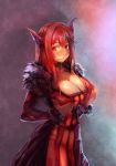  1girl big_breasts blush bow_(bhp) breasts choker cleavage fur_trim high_res highres horns huge_breasts large_breasts looking_at_viewer maou_(maoyuu) maoyuu_maou_yuusha nervous red_eyes red_hair smile solo 