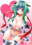 1girl animal_ears bell bikini blue_eyes blush breasts cleavage cow_bell cow_ears cow_girl cow_print cow_tail curvy detached_sleeves green_hair heart horns huge_breasts long_hair original purple_eyes ribbon ryuuki_yumi smile solo stockings swimsuit tail thighhighs wide_hips
