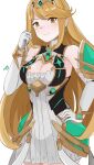  1girl 1girl alluring armor big_breasts blonde_hair cleavage cleavage_cutout clothing_cutout dress elbow_gloves gloves high_res kgctcg long_hair looking_at_viewer mythra nintendo shoulder_armor smile swept_bangs very_long_hair white_background white_dress xenoblade_(series) xenoblade_chronicles_2 yellow_eyes 