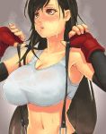 1girl black_hair blush breasts cleavage elbow_gloves erect_nipples female_only final_fantasy final_fantasy_vii fingerless_gloves gloves hot huge_breasts impossible_clothes impossible_shirt lips long_hair navel parted_lips red_eyes shirt smell solo solo_female suspenders sweat taut_clothes taut_shirt tifa_lockhart very_long_hair yuuji_(and)