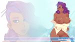  1girl bare_shoulders blue_eyes breasts dark_skin doxy drill_hair earrings friendship_is_magic hair_bun hair_over_one_eye high_res huge_breasts jewelry lips my_little_pony navel navel_polish necklace nipples pants_pull purple_hair pussy rarity_(mlp) solo undressing wallpaper widescreen zoom_layer 