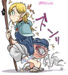  1girl ambiguous_fluids anal anal_insertion blonde_hair blush braid censored creature_inside dungeon_meshi edit elf green_eyes marcille marushiru object_insertion parasite peeing pointy_ears spitting squatting staff tonda twin_braids worm x-ray 