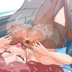  1girl anilingus breasts brown_hair copyright_request cum cum_while_penetrated dark-skinned_male erect_nipples huge_breasts jt_dong-agyoku paizuri penis reverse_paizuri rimjob solo_focus swimsuit tongue transparent wet white_swimsuit yellow_eyes 