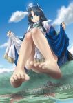  1girl barefoot black_hair blue_eyes castle cloud eichikei_(hakuto) giantess long_hair skirt skirt_lift sky 