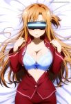  1female 1girl 1girl 1girl ai_generated asuna_(sao) bangs bed big_breasts bra breasts breasts_out_of_clothes female_only high_res high_res high_res laying_on_bed lingerie long_hair orange_hair solo_female sword_art_online very_high_resolution vr_headset 