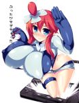  1girl akikaze_tsumuji arm_up ass blue_eyes blush breasts covered_nipples erect_nipples fuuro_(pokemon) gloves gym_leader handheld_game_console holding holding_poke_ball huge_breasts looking_at_viewer nintendo nintendo_3ds payot poke_ball pokemon red_eyes red_hair shorts sidelocks skin_tight smile solo translation_request white_background 