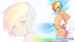  1girl adjusting_swimsuit arched_back ass bikini_bottom blonde_hair breasts choker doxy earrings friendship_is_magic high_res jewelry multicolored_hair my_little_pony nipple_piercing nipples piercing purple_eyes rainbow_dash rainbow_hair short_hair small_breasts solo tan tan_line topless wallpaper widescreen wink wristband zoom_layer 