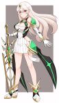  1girl absurd_res alluring bare_legs breasts cleavage cleavage_cutout clothing_cutout corrin_(fire_emblem) cosplay dress elbow_gloves fire_emblem fire_emblem_fates frown gloves hair_ornament high_res jewelry kgctcg long_hair mythra mythra_(cosplay) nintendo planted planted_sword planted_weapon platinum_blonde_hair pointy_ears red_eyes short_dress simple_background sword weapon white_dress white_gloves xenoblade_(series) xenoblade_chronicles_2 