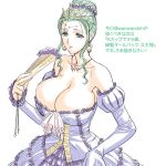  1girl bare_shoulders breasts cleavage crown fan female fictional_persona green_eyes green_hair huge_breasts jewelry magaki_ryouta milf necklace original queen solo translated 