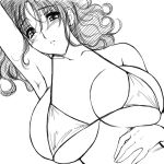  1girl bikini bikini_top blush breasts huge_breasts lineart magaki_ryouta monochrome solo swimsuit 
