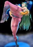  absurd_res ass bat bat_wings big_breasts boots breasts clitoris cosine demon_girl elbow_gloves gloves green_hair head_wings high_res leg_lift long_hair morrigan_aensland open_mouth pantyhose solo spotlight spread_pussy_under_clothes tongue tongue_out vampire_(game) very_long_hair wings 