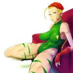  1girl ahoge antenna_hair bare_shoulders beret blonde_hair blue_eyes braid breasts cammy_white capcom couch fingerless_gloves green_leotard hat highleg_leotard impossible_clothes large_breasts leotard locketmonkey navel open_mouth scar single_braid skin_tight solo spread_legs squatting street_fighter thighs thong_leotard twin_braids white_background 