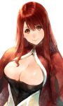  1girl big_breasts blush breasts cleavage large_breasts long_hair looking_at_viewer makimura_shunsuke maou_(maoyuu) maoyuu_maou_yuusha red_eyes red_hair simple_background smile solo white_background 