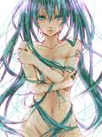  1girl aqua_eyes aqua_hair bad_id breasts covering covering_breasts hatsune_miku lma long_hair miku_hatsune navel nude nude_cover solo twin_tails twintails very_long_hair vocaloid 