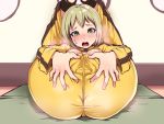  1girl ass blonde_hair blush bodysuit breasts green_eyes huang_baoling impossible_clothes legs_over_head open_mouth pussy riko_(artist) skin_tight spread_pussy spread_pussy_under_clothes sweat tiger_&amp;_bunny 