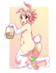 1girl anal animal_ears anus ass back bare_shoulders basket blue_eyes bunny_ears bunny_tail easter easter_egg egg egg_laying elbow_gloves feet female flower gloves holding kneel looking_at_viewer looking_back open_mouth pink_hair pregnant pussy pussy_juice solo squatting stomach_bulge tail uncensored utilizator white_gloves white_legwear