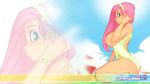  1girl ass back bare_shoulders bracelet breasts doxy fluttershy friendship_is_magic green_eyes hairband high_res huge_breasts jewelry kneel long_hair my_little_pony nipples one-piece_swimsuit pink_hair sky solo swimsuit umbrella wallpaper widescreen zoom_layer 