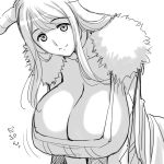  1girl bouncing_breasts breasts cleavage coat horns huge_breasts leaning_forward long_hair looking_at_viewer magaki_ryouta maou_(maoyuu) maoyuu_maou_yuusha monochrome sketch smile solo translated 