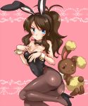  1girl alternate_costume animal_costume animal_ears arm arms art ass bare_arms bare_shoulders black_bow black_high_heels black_leotard blue_eyes blush bow bowtie breasts brown_hair buneary bunny_costume bunny_ears bunny_tail bunnysuit cleavage covered_navel detached_collar embarrassed fake_animal_ears high_heels irouha leotard long_hair looking_at_viewer medium_breasts nintendo pantyhose pink_background pokemon pokemon_(game) pokemon_black_and_white pokemon_bw ponytail shy strapless strapless_leotard tail touko_(pokemon) wink wrist_cuffs 