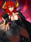  1girl breasts bridal_gauntlets cleavage horns jewelry large_breasts long_hair maou_(maoyuu) maoyuu_maou_yuusha open_mouth orion_(orionproject) outstretched_hand red_eyes red_hair ring solo 