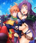  2girls ;t ahoge armor big_breasts bikini_armor blue_background boots breasts cape circlet colored_eyelashes gloves hair hair_intakes headband hug hug_from_behind hugging jewelry large_breasts lina_inverse long_hair mizuizumi multiple_girls naga_the_serpent necklace one_eye_closed orange_hair pauldrons purple_eyes purple_hair red_eyes slayers wink 