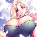 1girl areola_slip areolae bianca_(dragon_quest) bianca_whitaker big_breasts blonde_hair blue_eyes blush braid braided_hair breasts bursting_breasts cloud dragon_quest dragon_quest_v earrings erect_nipples feathers green_eyes hair_over_shoulder huge_breasts jewelry long_hair magaki_ryouta ponytail single_braid sky smile solo square_enix video_game_milf