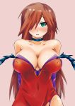  1girl aqua_eyes big_breasts blush breasts brown_hair choker green_eyes hair_over_one_eye large_breasts long_hair looking_at_viewer nyx queen&#039;s_blade queen's_blade solo tetotepenson 