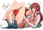  1boy 1girl age_difference areola blush breast_grab breast_smother breasts breasts_outside feet green_eyes huge_breasts long_hair nipples open_mouth red_hair sex smile thighs toes tora_(net1nen) 