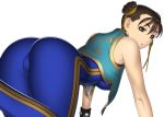  1girl absurd_res all_fours ass bare_shoulders bodysuit brown_eyes brown_hair cameltoe capcom chinese_clothes chun-li double_bun double_vertical_stripe high_res huge_ass kansuke looking_back short_hair simple_background solo street_fighter white_background 