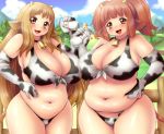  2_girls animal_ears bell bikini breasts brown_eyes brown_hair cow_bikini cow_ears cow_girl cow_print elbow_gloves farm female female_only gloves hair high_res horns huge_breasts kokumotsu long_hair milk multiple_girls navel open_mouth original outside plump standing symmetrical_docking twin_tails wide_hips 