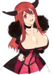  1girl big_breasts breast_hold breasts cleavage crossed_arms demon_girl dress fur_trim horns huge_breasts large_breasts long_hair looking_at_viewer maou_(maoyuu) maoyuu_maou_yuusha mizuki_makoto simple_background solo white_background 