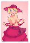  1girl blonde blonde_hair blue_eyes bracelet breasts charlotte_la_bouff disney dress earrings female female_human female_only hat human looking_at_viewer no_bra partially_clothed profit removing_clothes removing_dress solo taking_off_clothes the_princess_and_the_frog undressing 