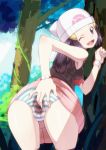  1girl against_tree ass bad_id bent_over big_ass blue_eyes blue_hair cameltoe dawn forest happy hat hikari_(pokemon) looking_back nintendo one_eye_closed open_mouth panties pantyshot pokemon pov pov_ass purple_eyes purple_hair pussy pussy_juice ryunryun short_hair skirt skirt_lift smile solo spread_pussy spread_pussy_under_clothes striped striped_panties thighhighs tree uncensored underwear upskirt vagina wet wet_panties wet_spot wink 
