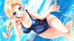 bare_shoulders beach bianca_(dragon_quest) bianca_whitaker big_breasts blonde_hair blue_eyes blush braided_hair breasts cameltoe cleavage cloud clouds dragon_quest dragon_quest_v earrings erect_nipples green_eyes happy jewelry large_breasts long_hair looking_at_viewer ocean open_mouth ponytail school_swimsuit single_braid sky smile solo square_enix standing swimsuit uncensored video_game_milf water wet