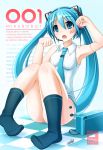   1girl absurd_res android aqua_eyes aqua_hair character_name checkered checkered_floor miku_hatsune headset high_res long_hair open_mouth sitting socks solo twin_tails very_long_hair vocaloid  