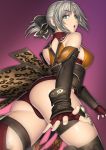  absurd_res armor ass bare_shoulders breasts cameltoe cassandra_alexandra elbow_gloves erect_nipples gloves green_eyes grey_hair hair_ornament high_res kansuke looking_back open_mouth panties ponytail purple_background sideboob simple_background solo soul_calibur stockings underwear 