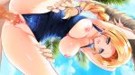 1girl areola areolae beach bent_over bianca_(dragon_quest) bianca_whitaker big_breasts blonde_hair blue_eyes blush braided_hair breasts cleavage clothed_sex cloud clouds dragon_quest dragon_quest_v earrings from_behind green_eyes hanging_breasts jewelry large_breasts long_hair nipples open_mouth palm_tree penis ponytail pussy school_swimsuit sex single_braid sky square_enix swimsuit tree uncensored vaginal video_game_milf