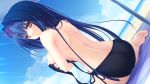  artist_request ass barefoot beach bikini blue_hair breasts brown_eyes character_request covering covering_breasts feet from_behind game_cg long_hair looking_back ocean side-tie_bikini sitting sky smile swimsuit topless 