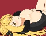  agemono aliasing bangs blonde_hair blush bottomless breasts crossed_arms fur_trim grin hair_between_eyes hair_ornament hair_spread_out large_breasts legs_up long_hair looking_at_viewer lying nipples no_bra oekaki on_back open_clothes parted_lips pixel_art pokemon pubic_hair puffy_nipples red_background seductive_smile shirona_(pokemon) simple_background smile solo thigh_gap yellow_eyes 
