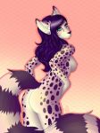  ass breasts canine colormeviolet ear_piercing feline female fluffy_tail fox hair hybrid looking_at_viewer nipples nude piercing purple_hair serval sideboob solo spots 
