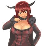  1girl :o bad_id big_breasts breasts choker cleavage collarbone dyson_(edaokunnsaikouya) dyson_giga_drain edaokunnsaikouya fang fur_trim hand_on_hip horns large_breasts maou_(maoyuu) maoyuu_maou_yuusha open_mouth red_eyes red_hair simple_background solo white_background 