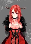  1girl big_breasts blush breast_suppress breasts brown_hair choker cleavage demon_girl dress fur_trim highres horns large_breasts long_hair looking_at_viewer maou_(maoyuu) maoyuu_maou_yuusha red_eyes red_hair s040784 solo 