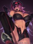  1girl bare_shoulders belly belt big_breasts blush bracelet breasts cleavage copyright_name dark_skin demon_girl demon_horns earrings elbow_gloves eyepatch fangs femdom gloves hair hat headgear horns iris_beresford jewelry junketsu_duelion large_breasts long_hair midriff navel official_art open_mouth piercing pink_hair red_eyes sethxzoe short_shorts shorts solo spiked_bracelet spikes stockings strapless teeth text thighhighs tongue_piercing translated tubetop whip 