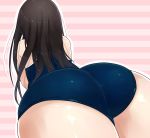  1girl ass bare_shoulders bent_over black_hair blue_swimsuit close-up from_behind high_res highres huge_ass long_hair one-piece_swimsuit original pink_background pov_ass school_swimsuit solo striped striped_background swimsuit thighs wachiwo 
