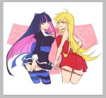 2_girls :q blonde_hair long_hair multicolored_hair multiple_girls panties panty_&amp;_stocking_with_garterbelt panty_anarchy panty_pull smile soul4444 spot_color stocking_anarchy stockings striped striped_legwear tongue tongue_out two_tone_hair underwear