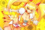  1girl blonde_hair bow breasts cleavage cure_sunshine dress floral_background flower futari_wa_precure hair hair_ribbon heart heartcatch_precure! heartcatch_pretty_cure! huge_breasts large_breasts long_hair magical_girl midriff myoudouin_itsuki navel orange_(color) orange_bow orange_dress orange_skirt precure pretty_cure ribbon sentarou skirt solo sunflower twin_tails twintails underboob yellow_background yellow_eyes 