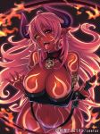  1girl bare_shoulders big_breasts bracelet breast_hold breasts bridal_gauntlets cleavage copyright_name crossed_arms dark_skin demon_girl demon_horns earrings fire heterochromia horns iris_beresford jewelry junketsu_duelion large_breasts long_hair nail_polish navel official_art piercing pink_hair pointy_ears red_eyes sethxzoe solo spiked_bracelet spikes thigh_gap tongue tongue_piercing translated whip yellow_eyes 
