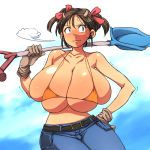  1girl breasts brown_hair cleavage cow_girl cow_girl_(hataraki) gigantic_breasts hataraki_ari shovel worktool 