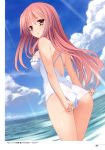  1girl :&lt; absurd_res adjusting_swimsuit ass breasts brown_eyes casual_one-piece_swimsuit cloud high_res imouto_no_katachi long_hair mutou_kurihito ocean one-piece_swimsuit pink_hair sena_miyuki sky swimsuit 
