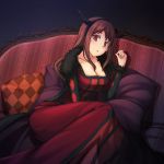  1girl argyle breasts cleavage couch dress horns huge_breasts long_dress long_hair looking_at_viewer maou_(maoyuu) maoyuu_maou_yuusha pillow red_dress red_eyes red_hair red_upholstery solo striped_upholstery yumemizuki 
